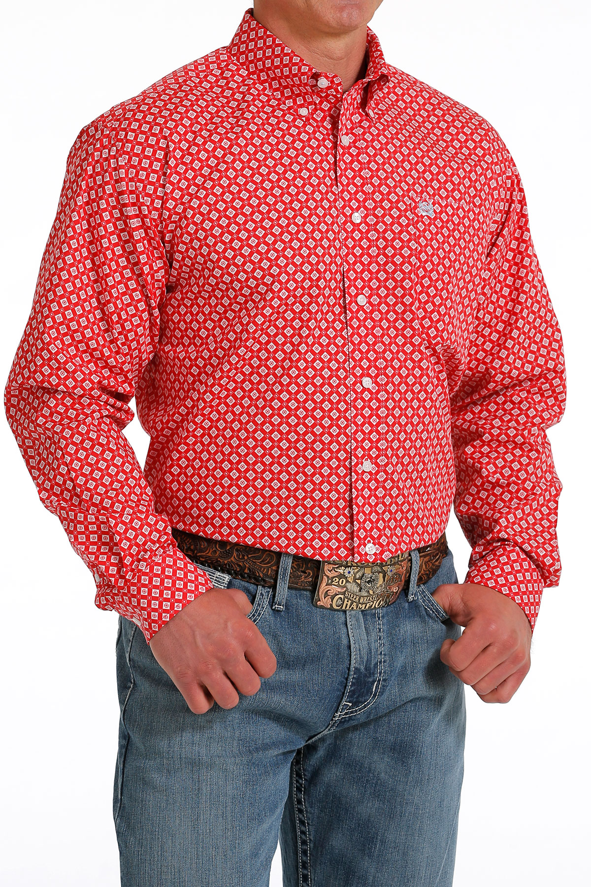 Men's Cinch Red Geometric Long Sleeve Button Down