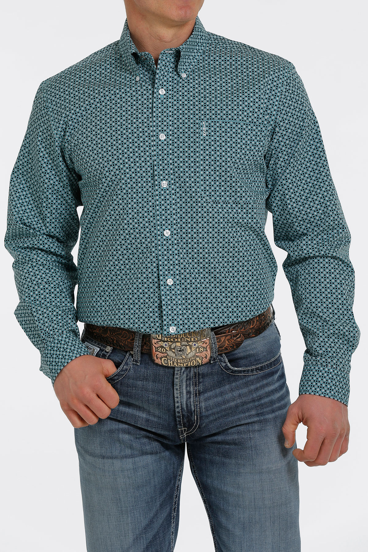 Men's Cinch Modern Fit Button Down Western Shirt - Turquoise and Navy