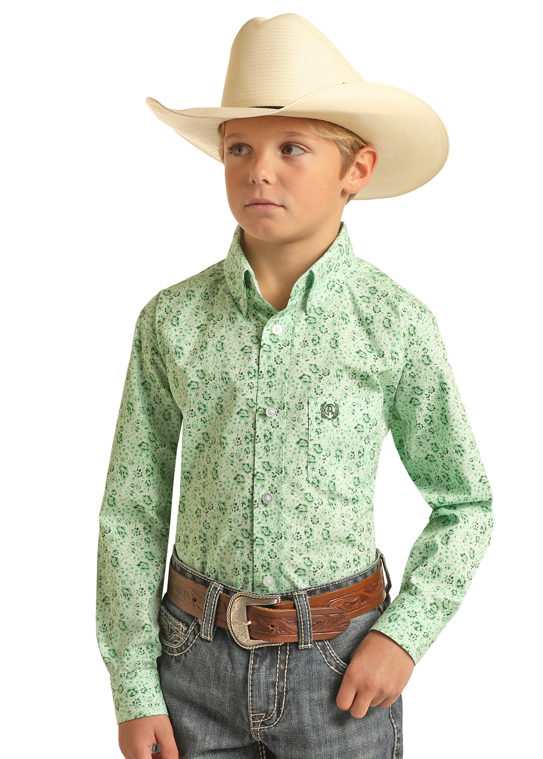 Boys Panhandle Green Floral Long Sleeve Western Shirt